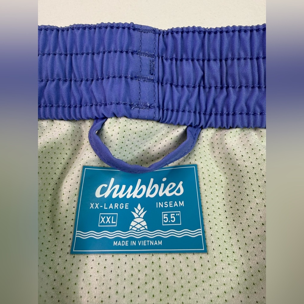 chubbies Men's Blue Swim Trunks with Pink and Lime Stripes - Picture 3 of 8